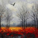 Moody Autumn Forest Painting with Birds in Flight – Atmospheric Nature Art