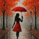 Bold Red Umbrella Painting – Emotional Autumn Pathway Wall Art