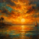 Vibrant Tropical Sunset Seascape with Sailboat and Palm Silhouettes – Colorful Ocean Art