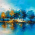 Colorful Reflections Landscape Art – Vibrant Blue and Orange Tree Painting for Modern Home Décor