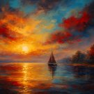 Sunset Sailboat Art Print – Vibrant Seascape Wall Decor with Autumn Trees