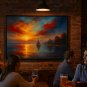 Sunset Sailboat Art Print – Vibrant Seascape Wall Decor with Autumn Trees