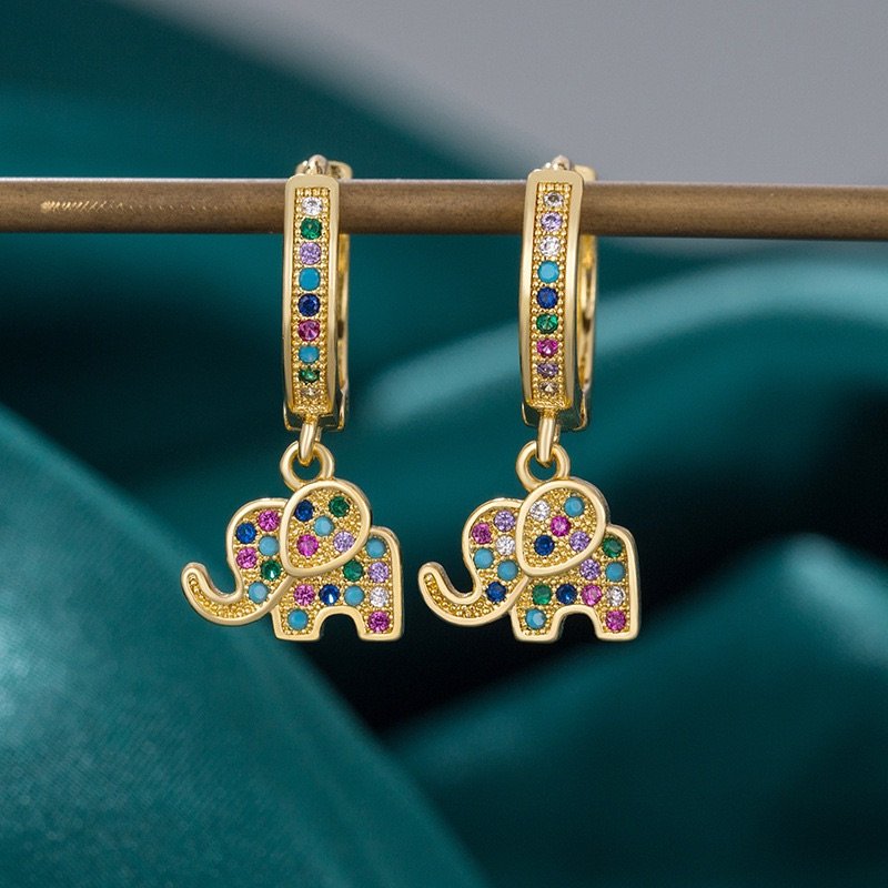 British Retro Lucky Elephant Earrings Real Gold Plated Zirconia Charm for Women
