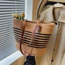Striped Woven Straw Tote Bag - Casual Summer Shoulder Bag with Leather Straps