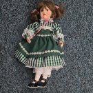 Porcelain Doll Girl Curly Brown Hair Green Plaid Dress Black Shoes Porcelain Doll Girl Curly Brown Hair Green Plaid Dress Black Shoes