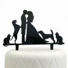 Bride, Groom, Two Dogs & Two Cats Silhouette Acrylic Cake Topper
