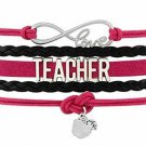 Teacher Leather and Suede Charm Bracelet (Black, Pink)