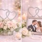 Wedding Cake Topper Silver Double Heart Rhinestone Crystal Engagement Bridal Shower Anniversary