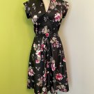 Vintage 1970s 1980s Floral Print Dress Black & Pink Rockabilly L XL
