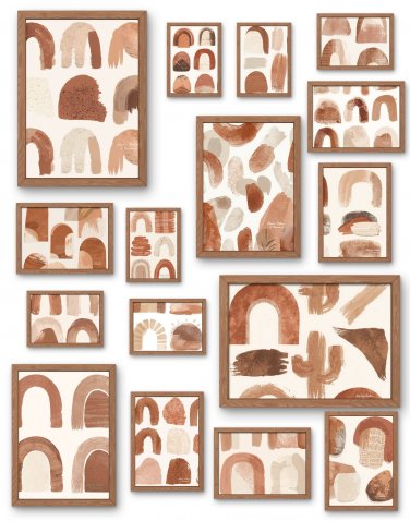 Boho Inspired Abstract Wall Art Set of 16 | Neutral Brown/Beige Prints | Modern Wall Collage Decor