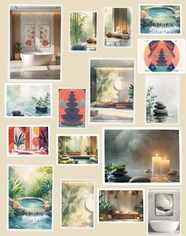 Relax & Unwind Wall Art Set of 16 | Calm Bathroom Decor | Spa and Wellness Prints