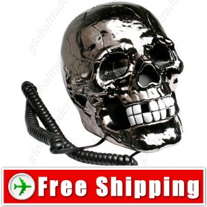 Novelty Human Head Skull Shape Telephone Silver FREE SHIPPING