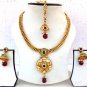 Ethnic South Indian Pearl Bridal Gold Tone Kundan Necklace Earrings Jewelry Set
