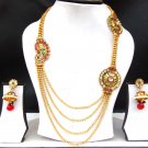Indian Fashion Jewelry Long Necklace Earrings Ethnic Gold Plated Chain Mala Set Indian Fashion Jewelry Long Necklace Earrings Ethnic Gold Plated Chain Mala Set