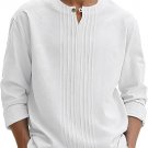 Men's Linen Shirts Casual Long Sleeve Pleated Front T-Shirt Button Henley