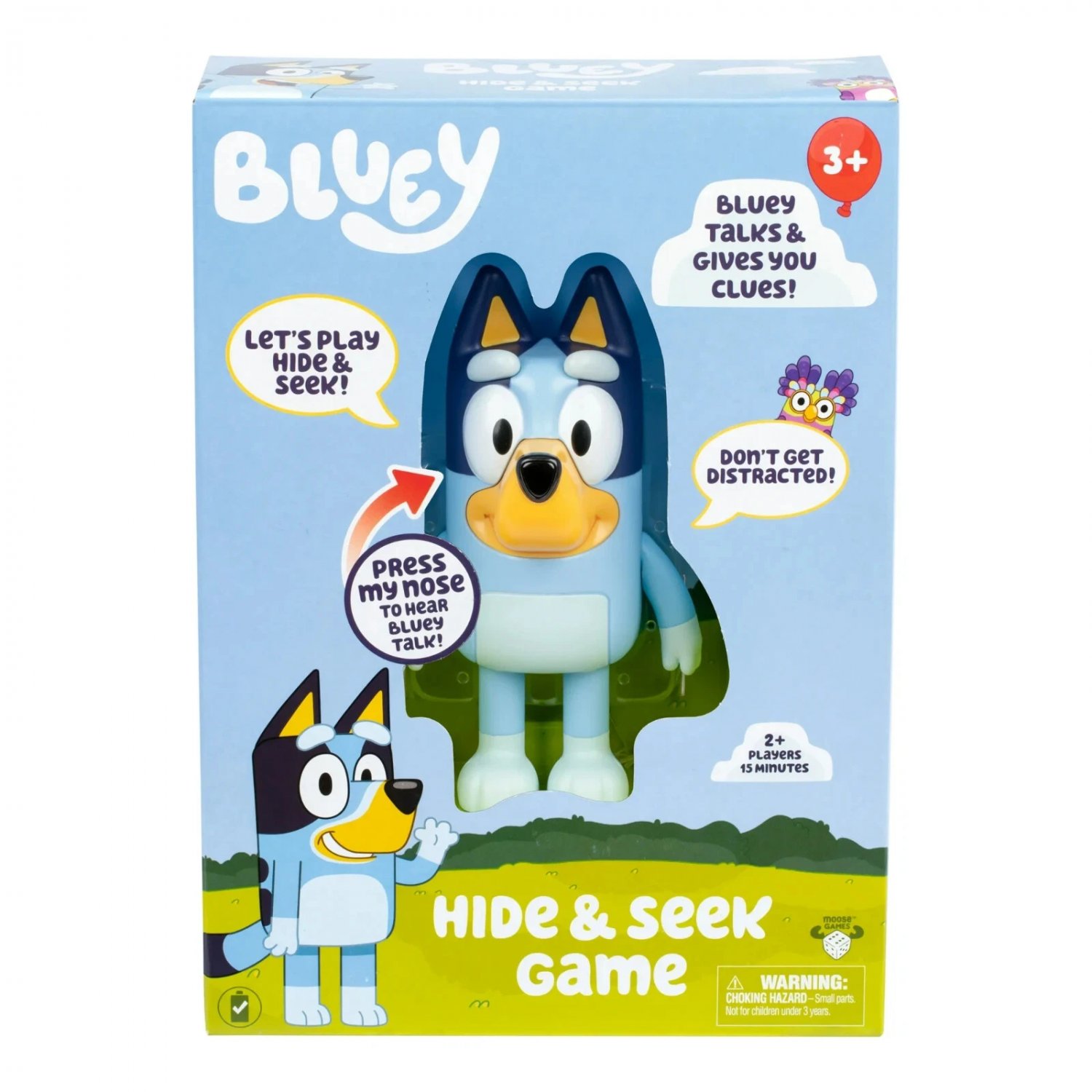 Bluey Hide & Seek Game, Hide Bluey and press her nose to start the timer