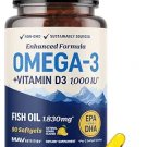 Omega 3 Fish Oil with Vitamin D3, EPA DHA, 1280MG Omega3 + 1000IU VIT D3 | Heart Immune