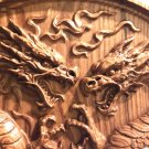 Two Asian Dragons Fighting Wood Carving | Hand Carved Solid Oak Battling Dragons Wall Art