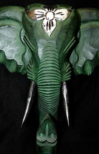 Elephant Ganesh Mask wall art Hand Carved wood Balinese sculpture Decor Green