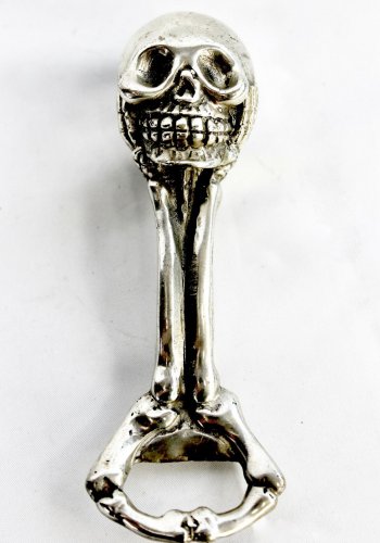 Gothic Skull & Bones Bottle Opener figure Solid handmade Cast Silvered Bronze