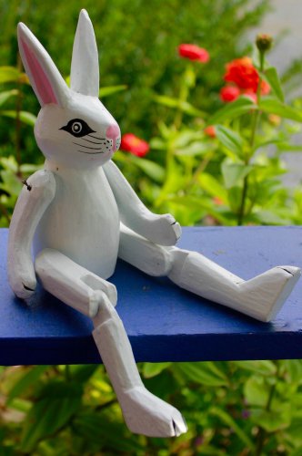 White Rabbit puppet shelf sitter Bali Folk art Handmade carved Wood Ornament