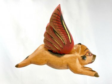 Balinese FLYING Pig Mobile Winged Demon chaser Handmade carved wood Bali Art 7"