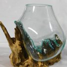 Hand Blown Fish Bowl Terrarium Vase Molten Recycled Glass & Teak Wood Bali Art