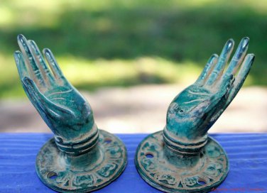 Bronze Buddha Mudra hands Knob Handle Cabinet Pull Cast Verdigris Bali Art