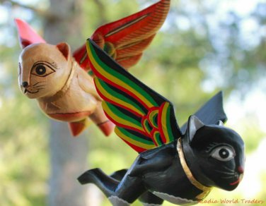 Flying Black Cat mobile set Spiritchaser Hand carved painted wood Bali Folk Art