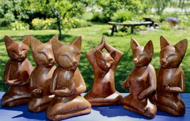 Yoga Pose Cat Asana Buddha Cats Statue Hand Carved Suar Wood Balinese Art