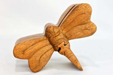 Dragonfly Secret Puzzle Box Trinket Stash Jewelry Hand Carved Wood Bali art