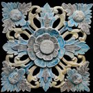 Lotus Wall Panel Hand Carved Wood architectural Relief Balinese Art Blue