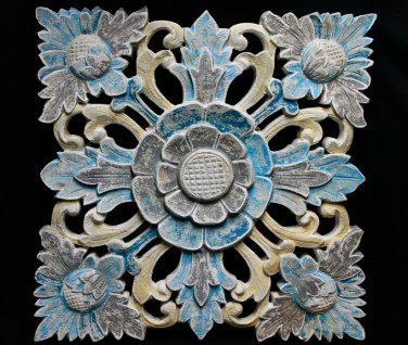 Lotus Wall Panel Hand Carved Wood architectural Relief Balinese Art Blue