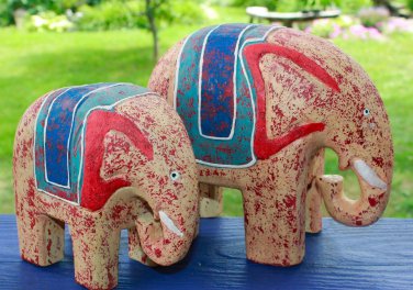 Chunky Elephant Statue Set Hand Carved painted Wood Safari Decor Bali Art orange