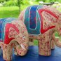Chunky Elephant Statue Set Hand Carved painted Wood Safari Decor Bali Art orange
