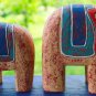 Chunky Elephant Statue Set Hand Carved painted Wood Safari Decor Bali Art orange