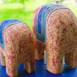 Chunky Elephant Statue Set Hand Carved painted Wood Safari Decor Bali Art orange