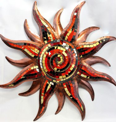 SUN Sunburst Red & Copper Metal Mosaic handmade Bali Wall Art Decor