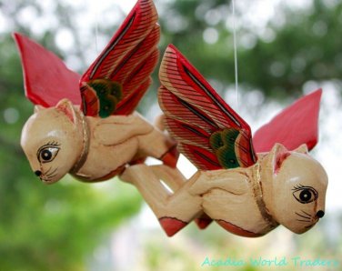 Winged CAT ornament mobile set Crib Guardian hand carved wood Bali Folk Art
