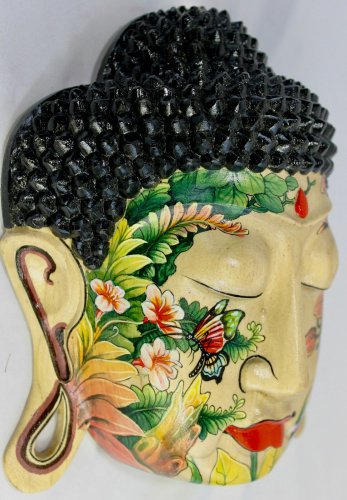 Serene Buddha Mask Wall Sculpture Hand Painted & Carved Wood Balinese art