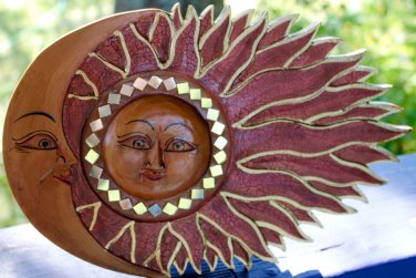 Red Wind blown SUN & Moon Mosaic Wall Plaque Hand carved Painted Bali folk Art
