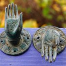 Vintage Buddha Hands Mudra Door Handle Knob Cast Verdigris Bronze Bali Art Set 2