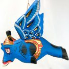 Balinese Winged flying Elephant mobile Demon Chaser carved wood Bali Art Blue 9"