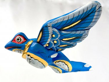 Bali Frog Mobile winged Demon Chaser carved wood Balinese Art Blue 9"