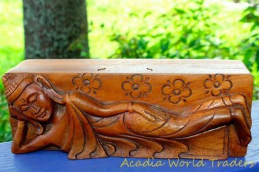 Reclining Buddha Secret Puzzle Box Trinket stash hand carved wood Balinese art