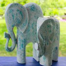 Mother Baby Elephant Figurine Set hand carved painted wood statue Bali Art Aqua