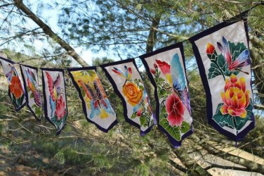 Butterfly Dragonfly Rose Garden Flag Prayer Banner Bali handmade Batik Yard Art