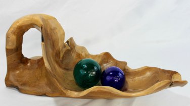 Teak Decorative Fruit Bowl Freeform leaf shape carved reclaimed wood Bali Art
