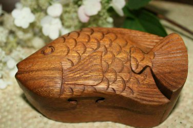 Fish Sealife Secret Puzzle Box Trinket Jewelry Stash hand carved wood Bali Art
