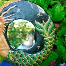 Mermaid Mirror Wall Art Hand Carved Painted Wood Bali Folkart Green